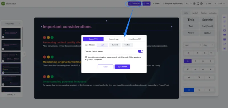 export options in workppt