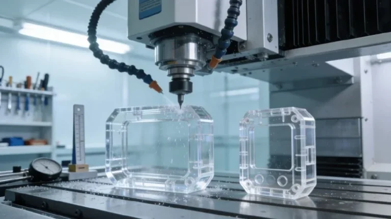 High-precision CNC machining of a transparent acrylic (PMMA) smart device enclosure prototype in a clean factory environment, showcasing the manufacturing process for IoT housings.