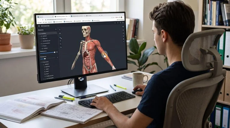 A young man sitting at a desk and using a desktop browser to view an interactive 3D human anatomy model on his monitor. 