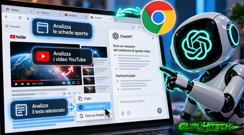 ChatGPT diventa più potente su Chrome: legge le schede, analizza YouTube e il testo selezionato